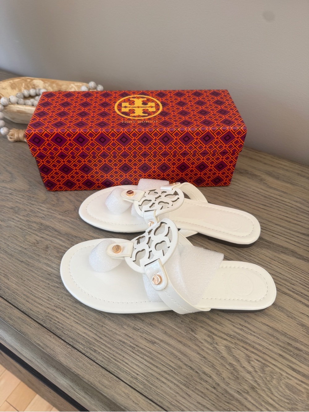 Tory Burch White Miller Logo Thong Sandals with Gold Accents
